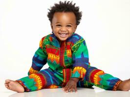 Adorable baby with vibrant clothing in a playful pose AI Generative photo