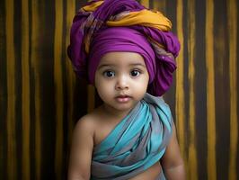 Adorable baby with vibrant clothing in a playful pose AI Generative photo