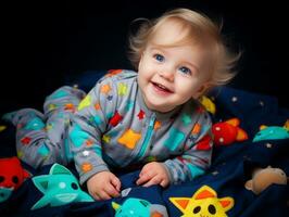 Adorable baby with vibrant clothing in a playful pose AI Generative photo