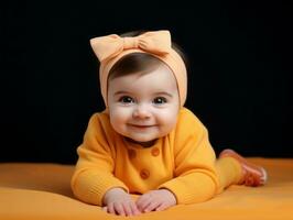 Adorable baby with vibrant clothing in a playful pose AI Generative photo