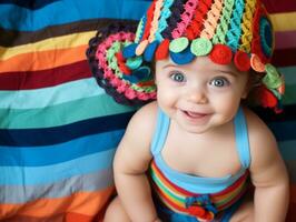 adorable bebé con vibrante ropa en un juguetón actitud ai generativo foto