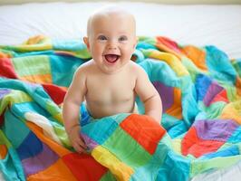 Adorable baby with vibrant clothing in a playful pose AI Generative photo