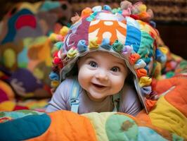 adorable bebé con vibrante ropa en un juguetón actitud ai generativo foto