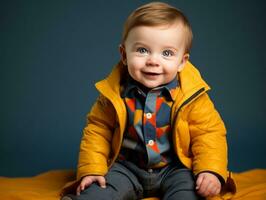 Adorable baby with vibrant clothing in a playful pose AI Generative photo