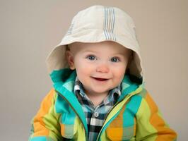 Adorable baby with vibrant clothing in a playful pose AI Generative photo