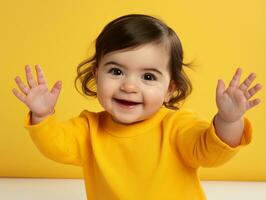 Adorable baby with vibrant clothing in a playful pose AI Generative photo