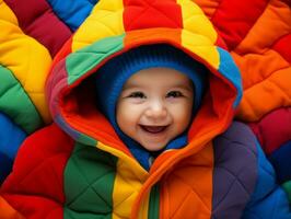 Adorable baby with vibrant clothing in a playful pose AI Generative photo