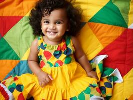 Adorable baby with vibrant clothing in a playful pose AI Generative photo