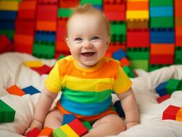 Adorable baby with vibrant clothing in a playful pose AI Generative photo