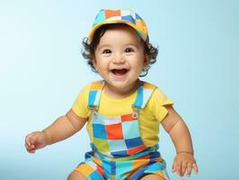 Adorable baby with vibrant clothing in a playful pose AI Generative photo