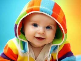 Adorable baby with vibrant clothing in a playful pose AI Generative photo