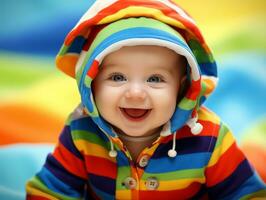 Adorable baby with vibrant clothing in a playful pose AI Generative photo