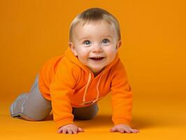 adorable bebé con vibrante ropa en un juguetón actitud ai generativo foto