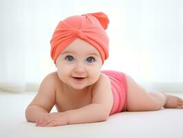 Adorable baby with vibrant clothing in a playful pose AI Generative photo