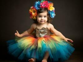 Adorable baby with vibrant clothing in a playful pose AI Generative photo