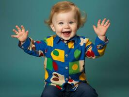 Adorable baby with vibrant clothing in a playful pose AI Generative photo