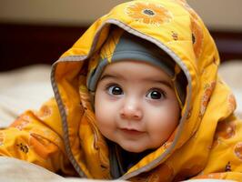 adorable bebé con vibrante ropa en un juguetón actitud ai generativo foto