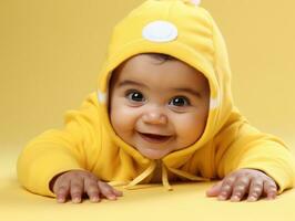 adorable bebé con vibrante ropa en un juguetón actitud ai generativo foto