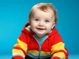 Adorable baby with vibrant clothing in a playful pose AI Generative photo