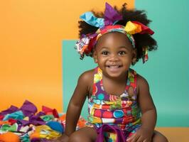 Adorable baby with vibrant clothing in a playful pose AI Generative photo