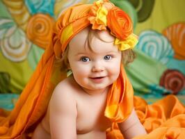 Adorable baby with vibrant clothing in a playful pose AI Generative photo