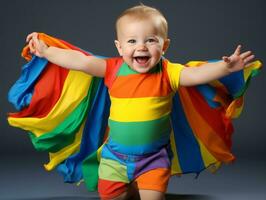 adorable bebé con vibrante ropa en un juguetón actitud ai generativo foto