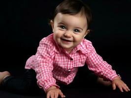 adorable bebé con vibrante ropa en un juguetón actitud ai generativo foto