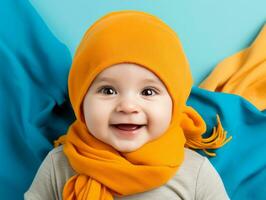 Adorable baby with vibrant clothing in a playful pose AI Generative photo