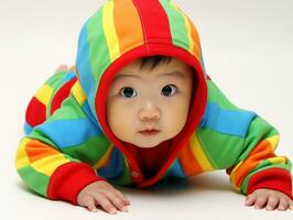 Adorable baby with vibrant clothing in a playful pose AI Generative photo