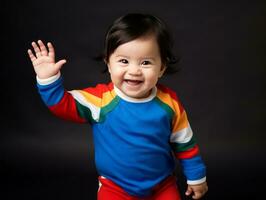 Adorable baby with vibrant clothing in a playful pose AI Generative photo