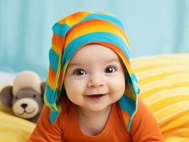 Adorable baby with vibrant clothing in a playful pose AI Generative photo