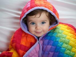 Adorable baby with vibrant clothing in a playful pose AI Generative photo