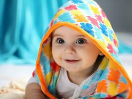 adorable bebé con vibrante ropa en un juguetón actitud ai generativo foto