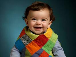 adorable bebé con vibrante ropa en un juguetón actitud ai generativo foto