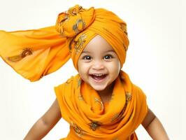 Adorable baby with vibrant clothing in a playful pose AI Generative photo