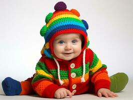 Adorable baby with vibrant clothing in a playful pose AI Generative photo