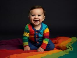 Adorable baby with vibrant clothing in a playful pose AI Generative photo