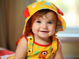 Adorable baby with vibrant clothing in a playful pose AI Generative photo