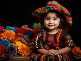 adorable bebé con vibrante ropa en un juguetón actitud ai generativo foto