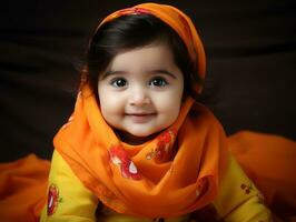 Adorable baby with vibrant clothing in a playful pose AI Generative photo