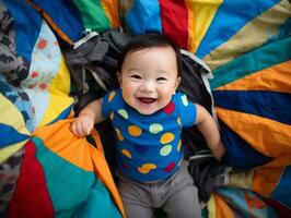 Adorable baby with vibrant clothing in a playful pose AI Generative photo