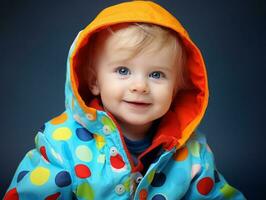 Adorable baby with vibrant clothing in a playful pose AI Generative photo