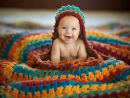 Adorable baby with vibrant clothing in a playful pose AI Generative photo