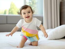 Adorable baby with vibrant clothing in a playful pose AI Generative photo