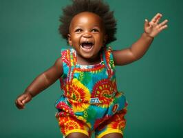 Adorable baby with vibrant clothing in a playful pose AI Generative photo