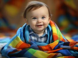 Adorable baby with vibrant clothing in a playful pose AI Generative photo