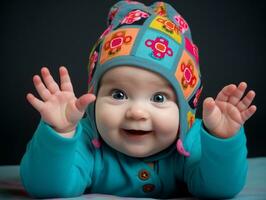 Adorable baby with vibrant clothing in a playful pose AI Generative photo