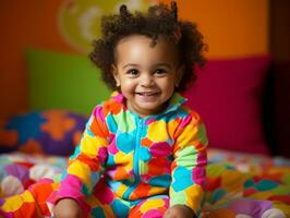 Adorable baby with vibrant clothing in a playful pose AI Generative photo