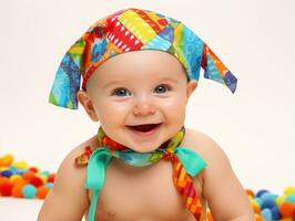 Adorable baby with vibrant clothing in a playful pose AI Generative photo