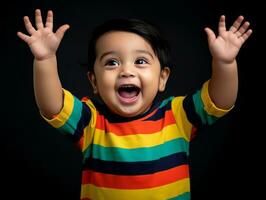 adorable bebé con vibrante ropa en un juguetón actitud ai generativo foto